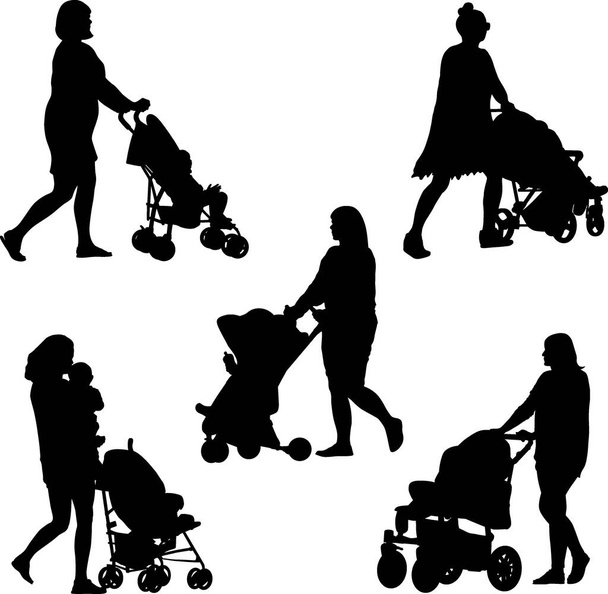 silhouette of mom, baby and pram - Vector, Image