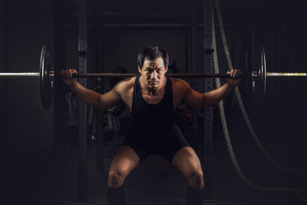 asian athletic strong man having workout and bodybuilding with barbells weightlifting backsquat style in gym and fitness center in dark tone - Fotoğraf, Görsel