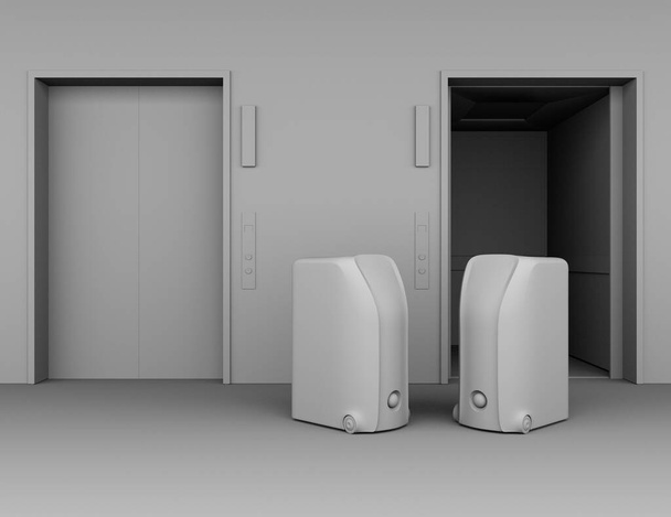 Клейове зображення двох роботів доставки перед ліфтами. Безконтактна концепція доставки. 3D візуалізація зображення
. - Фото, зображення
