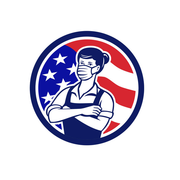 Amerikalı bir kadın bakkal, süpermarket ya da market çalışanı cerrahi maske takıyor ve kolları Amerikan yıldızları ve çizgili bayrağı retro tarzında dizilmiş..  - Vektör, Görsel