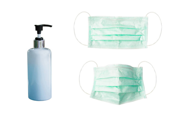 Lékařská maska dezinfekční gel ruční izolované na bílém pozadí, Corona virus ochrana ,  - Fotografie, Obrázek