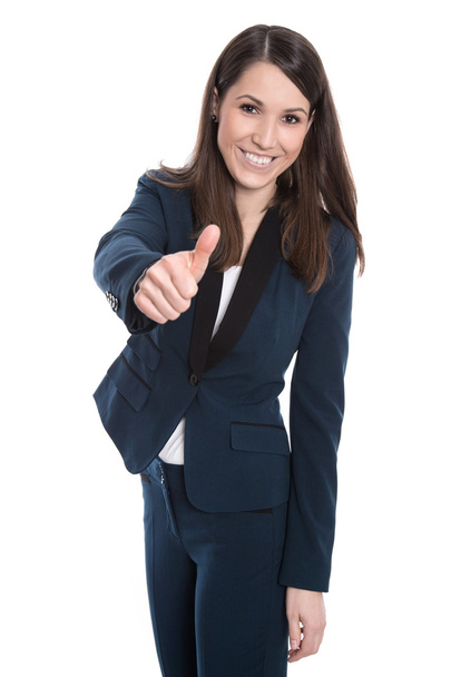 Attractive isolated businesswoman in dark blue costume - thumbs - Photo, image