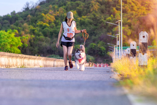 Woman doing daily exercise jogging on the public park road with puppy breed dog  - Fotó, kép