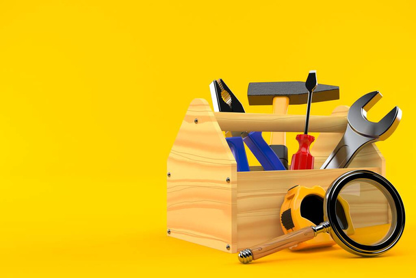 Work tools with magnifying glass isolated on orange background. 3d illustration - Photo, Image