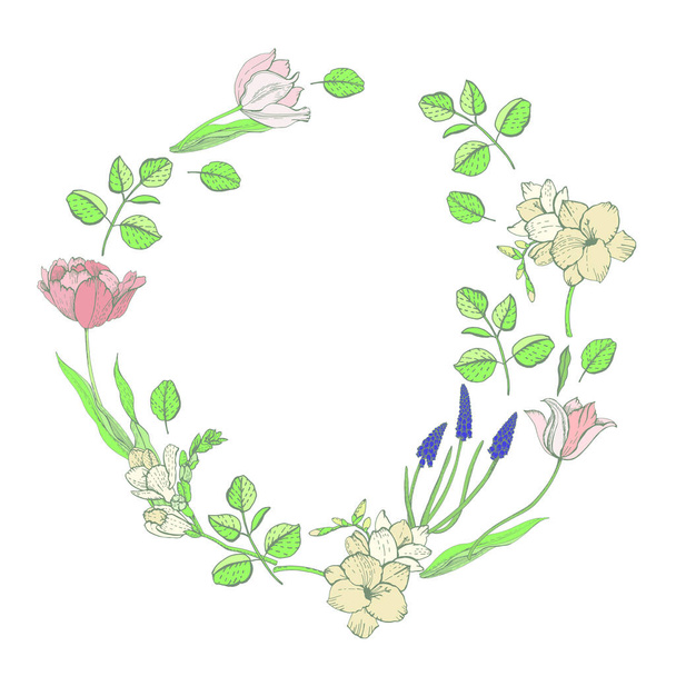Graphic decorative wreath with spring flowers - Vettoriali, immagini