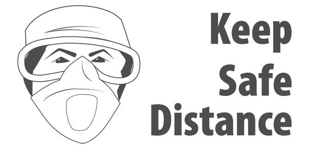 Знамя с врачом в медицинской маске и тексте Keep Safe Distance. Держите политику безопасности на расстоянии кампанию по контролю за COVID-19 Коронавирус вспышки ситуации. Предотвратить COVID-19. EPS 10
  - Вектор,изображение