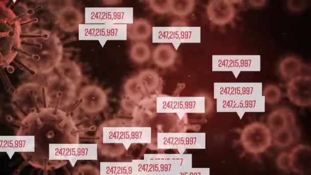 Animation of frames with increasing numbers in them going up over macro Covid-19 cells floating in the background. Global public health coronavirus Covid 19 pandemic concept digital composite. - Metraje, vídeo