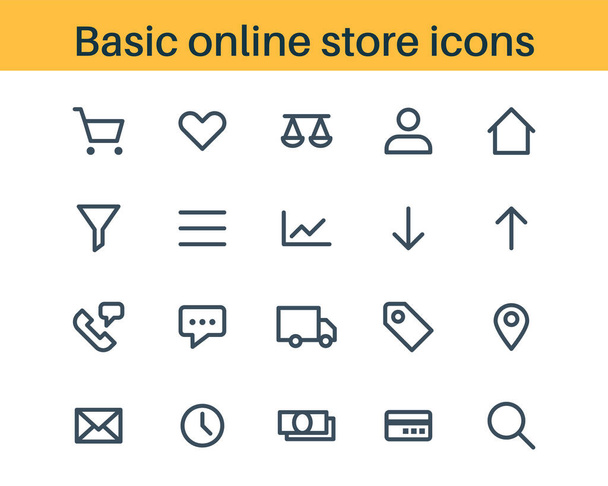 Sada základních osnovních ikon pro internetový obchod nebo obchod. Linka ikony pro internetový obchod - košík, oblíbené, srovnání, katalog, třídění, kontakty, doručení, platba v hotovosti nebo kreditní košík, vyhledávání. Vektorový znak - Vektor, obrázek