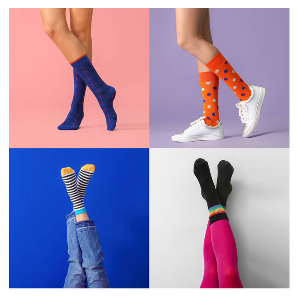 Collage of photos with young woman in different socks - Fotoğraf, Görsel