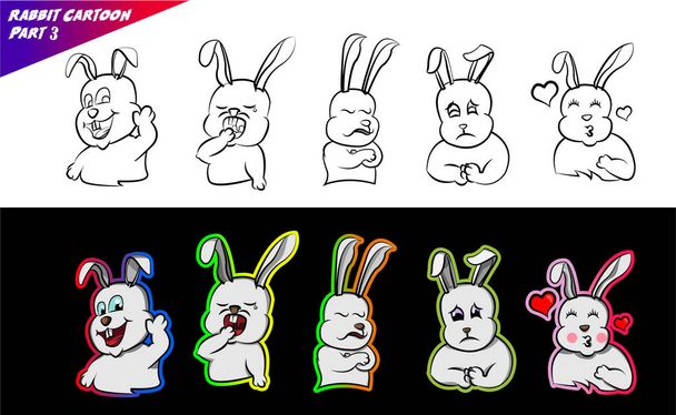 niedlichen Kaninchen Cartoon Malbuch viele Ausdruck glücklich, lustig Häschen gähnen, schläfrig verlieben Set Bündel von Hand gezeichnet, Tier verschroben, pet Lächeln winkende Hand, Spaß für T-Shirt-Design - Vektor, Bild