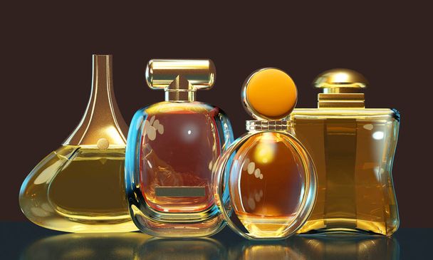 3D ilustrace parfém láhev zůstane na skleněném stole s kopírovacím prostorem na černém pozadí - Fotografie, Obrázek