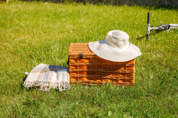 Picknickmand op het weitje. Outdoor zomer picknick op het groene gras op de zonnige dag. Feesttijd. - Foto, afbeelding
