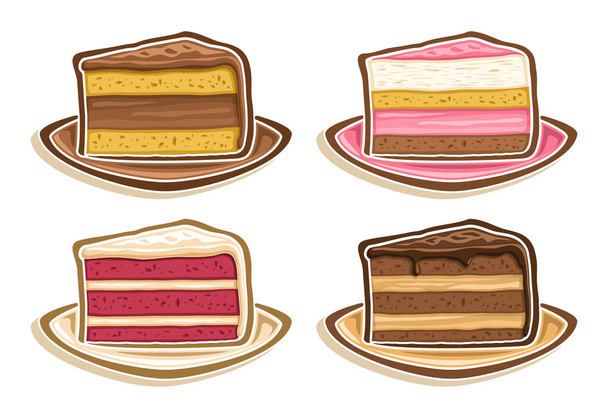Vector Set assorted Slices of Cake, collection of 4 cut out illustrations of diverse colorful triangle cake slices, set of delicacy baked goods for cafe or restaurant menu on white background. - Vector, Image
