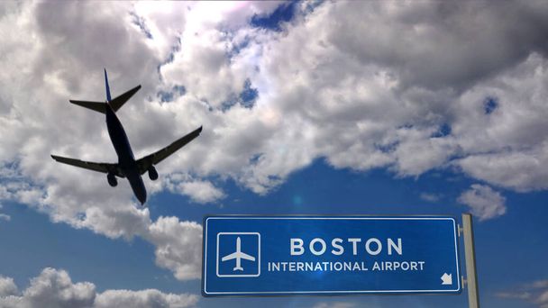 Silueta de avión aterrizando en Boston, Massachusetts, EE.UU. Llegada a la ciudad con letrero de dirección del aeropuerto internacional y cielo azul en el fondo. Viajes, viajes y transporte concepto 3d ilustración
. - Foto, Imagen