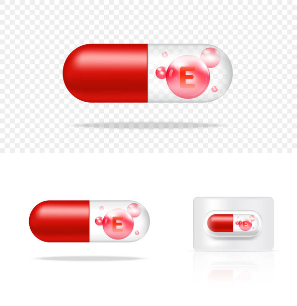 Mock up Realistische transparente Pille Vitamin E Medizin Kapsel Panel auf weißem Hintergrund Vektor Illustration. Tablets medizinisches und medizinisches Konzept. - Vektor, Bild