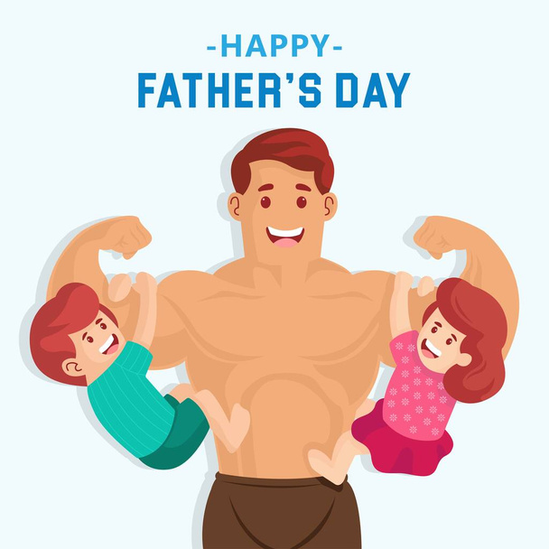 ilustración del vector del día del padre feliz. super papá con su hijo y su hija cuelgan de sus brazos
. - Foto, Imagen
