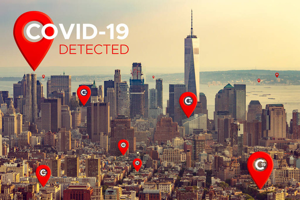 New York Coronavirus Wykrywanie epidemii Lokalizacja Mark Icon. Ikona wskaźnika mapy na panoramicznym tle Nowego Jorku. Widok z lotu ptaka. New York City Coronavirus Spread Concept COVID-19 PRZEDSIĘBIORSTWO. - Zdjęcie, obraz