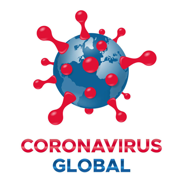 Cellule de Cornavirus en forme de globe. Illustration d'une icône de cellule moléculaire du coronavirus avec les mots CORONAVIRUS GLOBAL. Cellule bactérienne du coronavirus COVID-19. Illustration d'une icône isolée sur fond blanc. - Photo, image