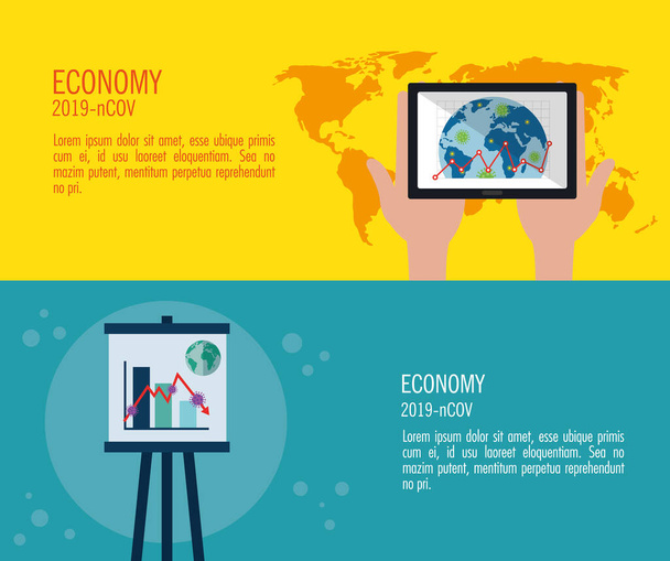 definir banners de impacto da economia até 2019 ncov com ícones
 - Vetor, Imagem