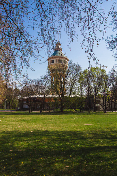 Grüner Park auf der Margareteninsel mit Blumen und Turm im Hintergrund in Budapest, Ungarn - Foto, Bild
