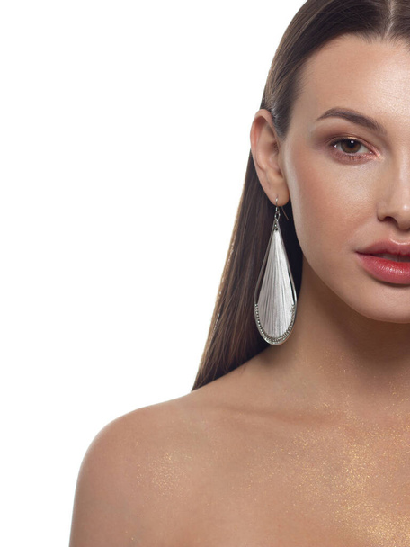 Half Beauty closeup of women full natural lips with shiny skin and long hair. Facial skin care in a spa salon or cosmetology and a fashionable natural lip gloss or lipstick. Day makeup - 写真・画像