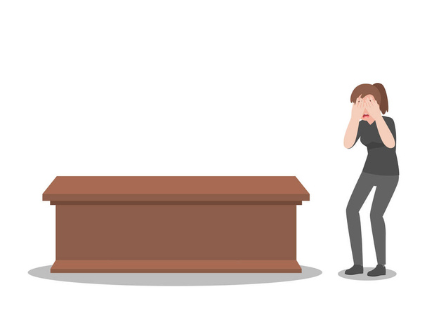 Κλάμα γυναίκα με φέρετρο στην κηδεία στην εκκλησία, Cartoon επίπεδη Διάνυσμα Εικονογράφηση, απομονώνονται σε λευκό φόντο - Διάνυσμα, εικόνα
