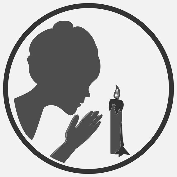 Profilde üzgün bir kadının görüntüsü. Yanan mum, illüstrasyon, sanat, vektör. Uluslararası Soykırım Anma Günü. 27 Ocak. Bir kadın yanan bir mumun önünde dua eder.. - Vektör, Görsel