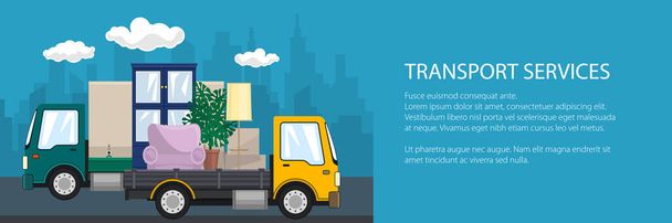 Banner of road transport and logistics, green small covered truck and yellow lorry with furniture go on the road, shipping and freight of goods, vector illustration - Vector, Image