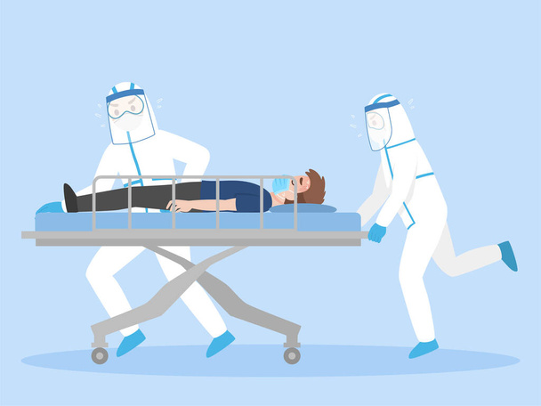 Οι γιατροί με ατομική προστατευτική στολή μετακινούνται σοβαρά ασθενής ξαπλωμένος σε ένα φορείο μέσω των διαδρόμων του νοσοκομείου. Ιατρικό προσωπικό σε μια βιασύνη Μετακινήστε ασθενή για βοήθεια, Healthcare Concept. - Διάνυσμα, εικόνα