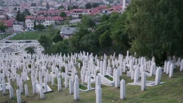 Vue aérienne d'un cimetière à Saraevo, en Bosnie-Herzégovine. Vue panoramique sur les collines autour de la région. Panoramique autour pour une vue latérale
. - Séquence, vidéo
