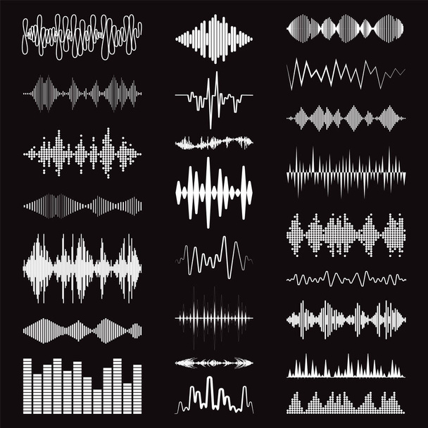 White sound waves logo collection on black background. Modern music equalizer elements set. Digital flat isolated audio symbols. Vector waveform technology - Vector, Image