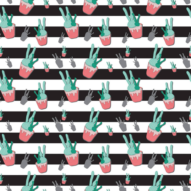 Hand-drawn seamless repeating pattern with flat cartoon cactus plants in pot isolated on striped black and white background. Design for wallpaper or fabric, textile, print, cards, bags.  - Photo, Image