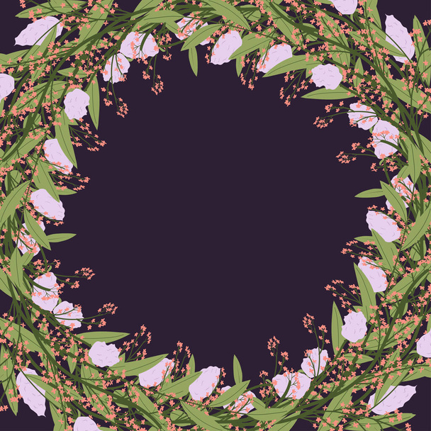 Rahmen mit Fliederbüschel, Sakura, grünen Blättern und Farn. - Vektor, Bild