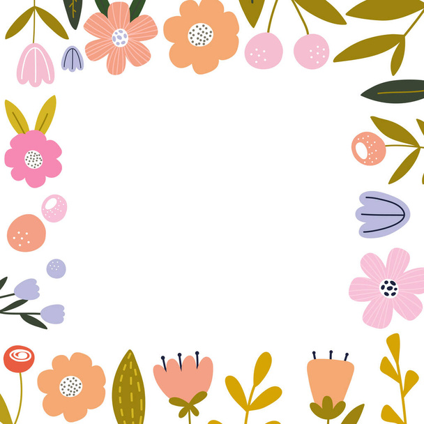 Virágok rendezett keret, hely a szöveg, virágok, bazsarózsa, tulipán és levelek vektor illusztráció. Ideális képeslap, kártya, poszter, szórólap stb..  - Vektor, kép