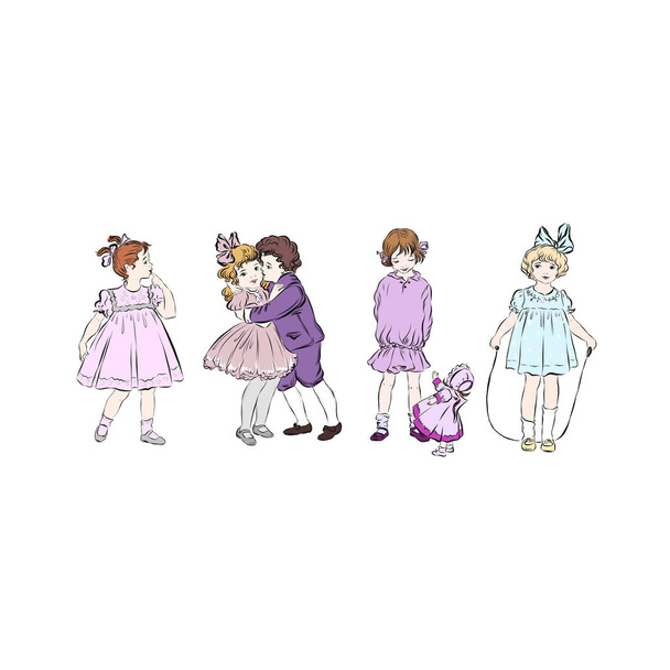 Children in various poses and activities. Young cavalier hugs lady. Girl jumping rope. Doll in pink dress.  - Vector, Image