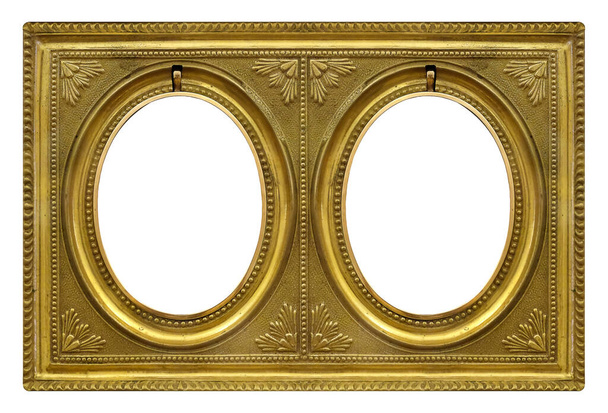 Doble marco dorado (díptico) para pinturas, espejos o fotos aisladas sobre fondo blanco. Elemento de diseño con ruta de recorte - Foto, imagen