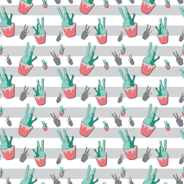 Hand-drawn seamless repeating pattern with flat cartoon cactus plants in pot isolated on striped grey and white background.  Design for print, textile, fabric. - Photo, Image