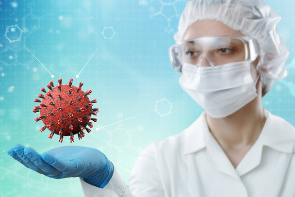 Καινοτόμες τεχνολογίες στην επιστήμη και την ιατρική. Γυναίκα επιστήμονας που κρατάει το μοντέλο του ιού στην παλάμη του χεριού της. Ιατρική έννοια. - Φωτογραφία, εικόνα