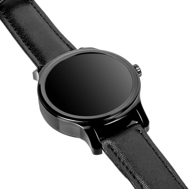 Ασύρματο έξυπνο ρολόι σε μια στρογγυλή γυαλιστερή μαύρη θήκη και μαύρο δερμάτινο λουράκι σε λευκό φόντο. Διαγώνια προβολή - Φωτογραφία, εικόνα