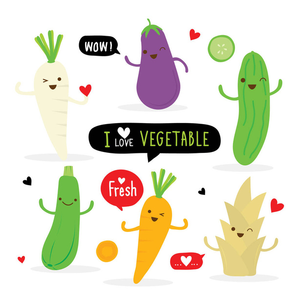 Set of Vegetable Cartoon Character. carrot, radish, eggplant, cucumber, zucchini and bamboo shoot. Vector illustration - Vektor, Bild