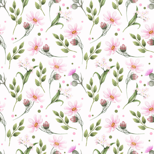 Seamless watercolor pattern with the image of pink daisies, forget-me-nots, thistles and green leaves on a white background. Watercolor hand drawn illustrations. Design for textile, fabric, clothing, cards, packaging. - Foto, Imagen