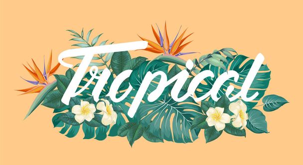 Tropisch bloemenframe met tekst van de zomervakantie. Happy holiday uitnodiging kaart met bloemenslinger en kalligrafische tekst - Tropical. - Vector, afbeelding