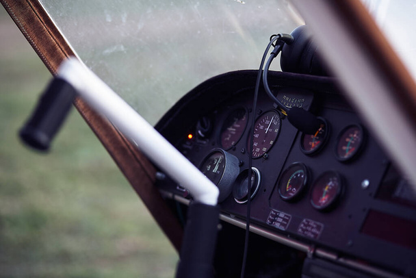 Control panel in an airplane, gyroplane, aircraft windshield. Closeup - Фото, зображення