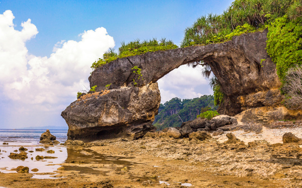 Formación de rocas puente natural en la playa de Neil Island Andaman al atardecer con cielo malhumorado. - Foto, imagen