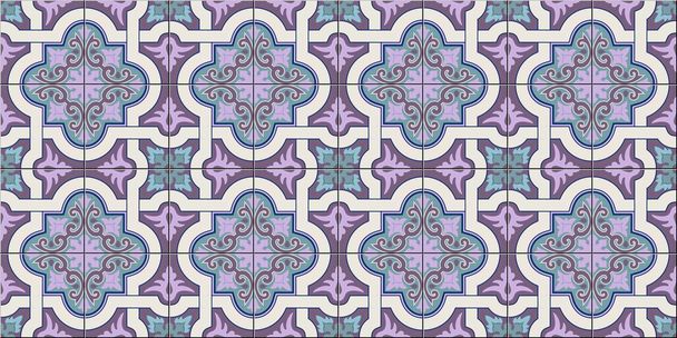 紫とライラックモロッコ、ポルトガルのタイル、 Azulejo 、装飾品の豪華なシームレスなパターンの白いファッショナブルな色合い。壁紙、パターンフィル、ウェブページの背景に使用することができますベクトル - ベクター画像