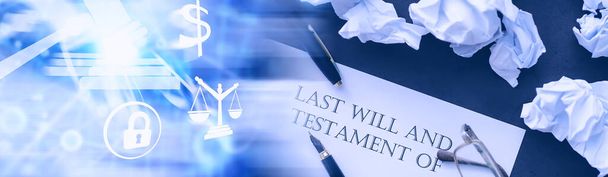 Legal concept. The procedure for writing the last will. Papers with testament on table. Registration of the last will and testament. - Photo, Image