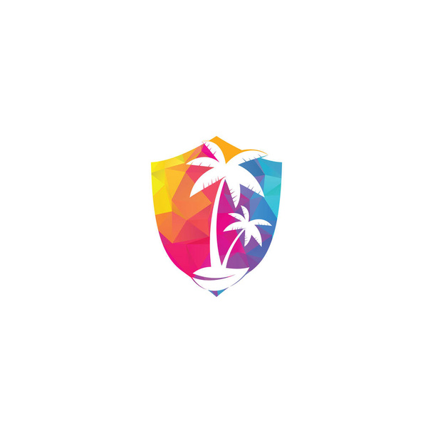Trooppinen ranta ja palmu logo suunnittelu. Creative yksinkertainen palmu vektori logo suunnittelu. Trooppinen ranta kilpi muoto konsepti logo
 - Vektori, kuva