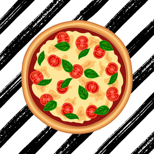 Hot pizza margherita with tomato, cheese, basil top view on striped brush stroke hand drawn grunge background. Flat traditional italian fast food Vector illustration for web, advert, menu - Vector, Image