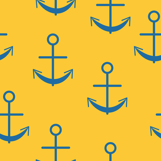 Seamless pattern with classic blue graphic anchors on yellow background. Simple flat design. Sea and ocean. Maritime equipment. Ship and boat. For postcards, scrapbooking, textile and wrapping paper - Vector, Imagen
