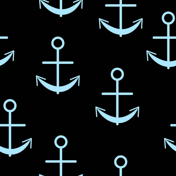 Naadloos patroon met lichtblauwe grafische ankers op zwarte achtergrond. Simpel plat ontwerp. Zee en oceaan. Maritieme uitrusting. Schip en boot. Voor briefkaarten, scrapbooking, textiel en inpakpapier - Vector, afbeelding